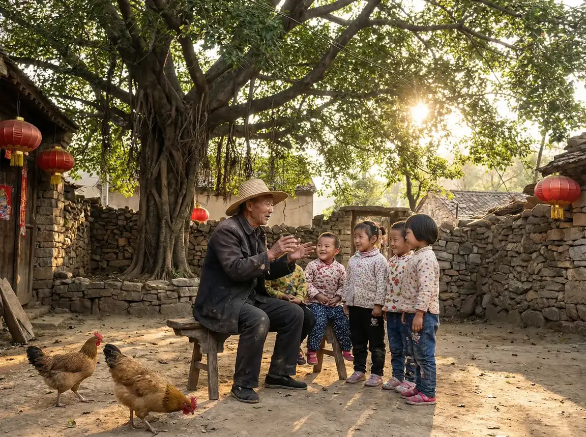 老人在大榕树下给孩子们讲故事 - 扌臿辶畐的姐弟 乡村记忆